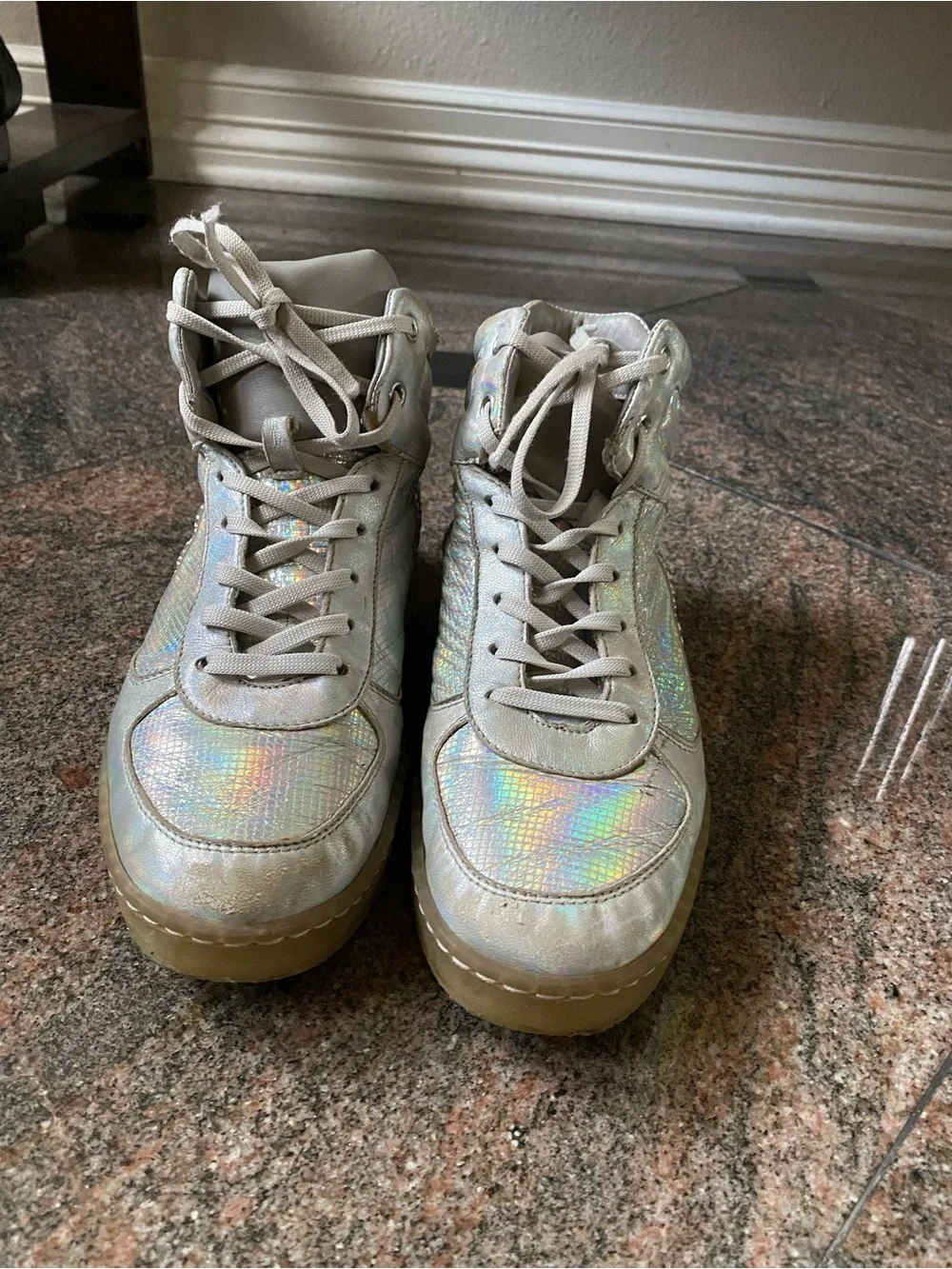 Bikkembergs Silver Holographic High-Top Leather Sneakers, Size 7
